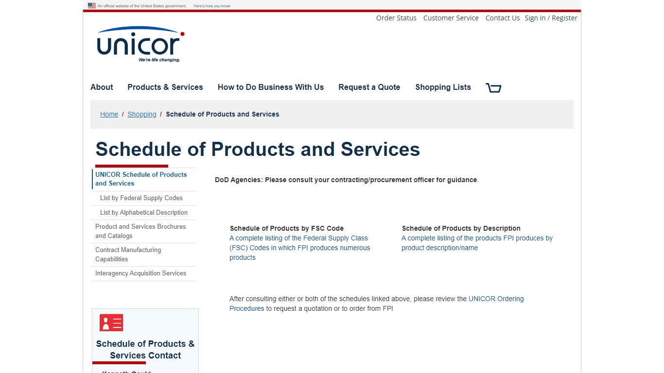 UNICOR Schedule of Products and Services